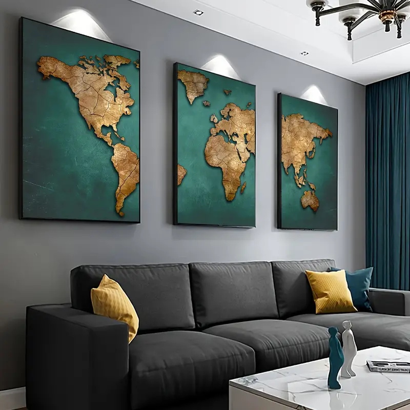 Abstract Canvas Set - Retro Mapa Świata 3 szt./zestaw Plakaty
