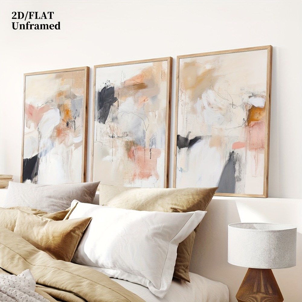 Abstract Canvas Set - 3 szt. Bezramowe, neutralne beżowo-różowe abstrakcyjne