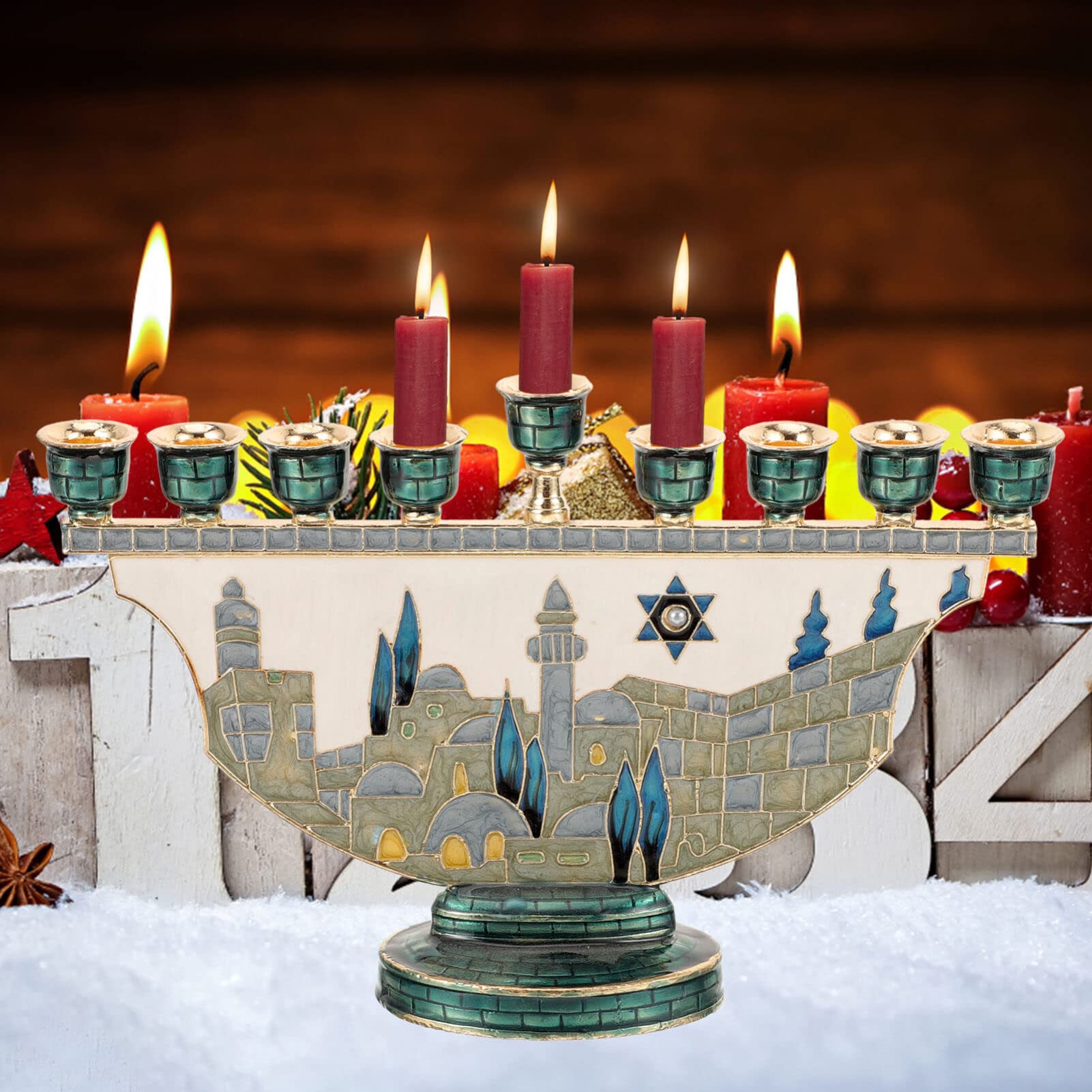 Candle Holder Decor - Jerozolimska Menora Świecznik Chanukah 9-ramienny Emaliowany